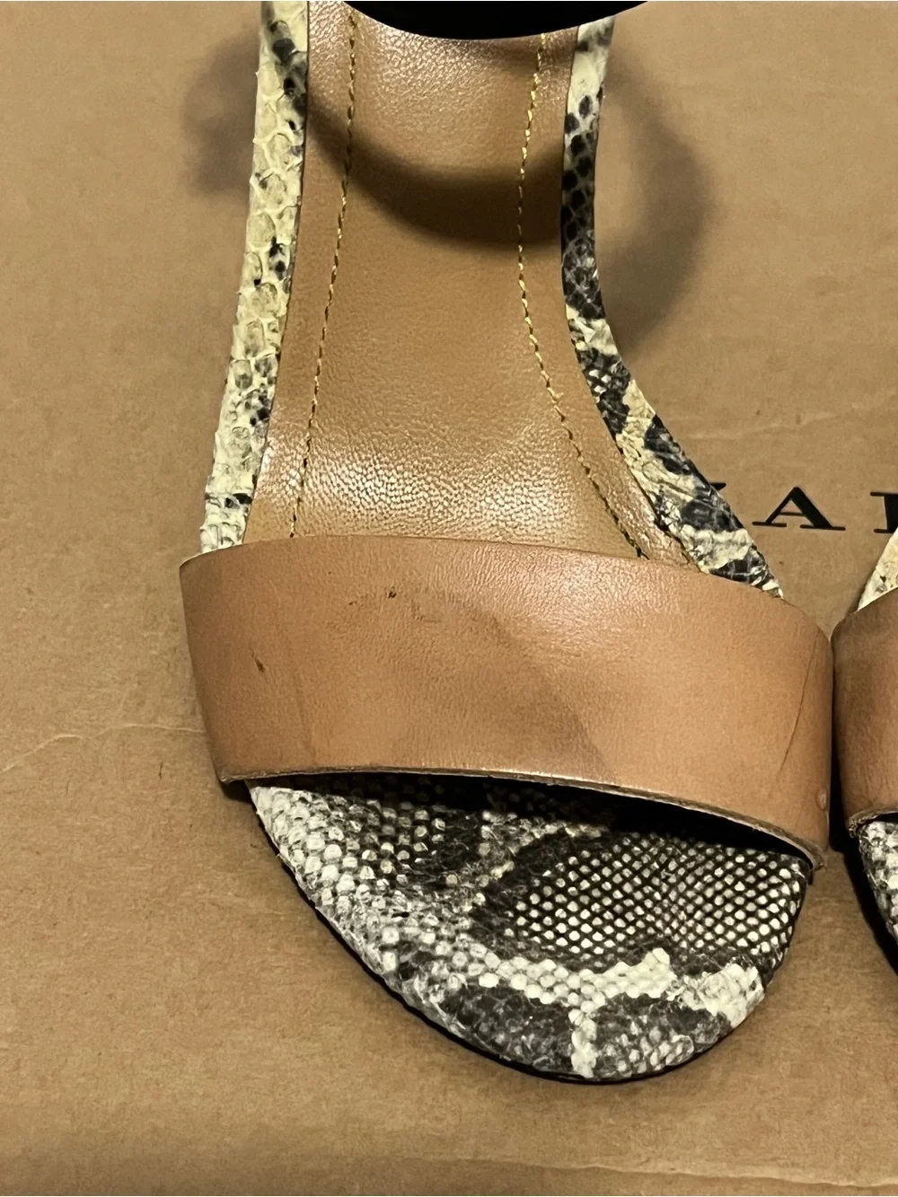 Zara Multicolor Leather & Snake-Print Ankle Strap Sandals Heels - Picture 3 of 9